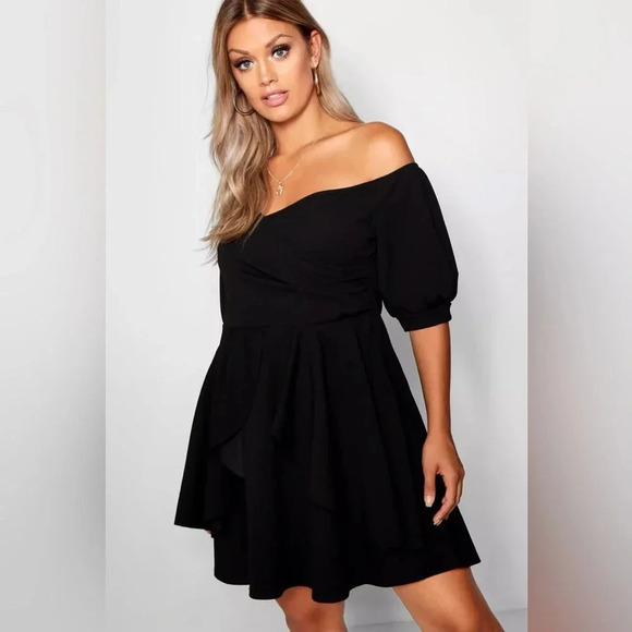 Boohoo Dresses & Skirts - Boohoo Black Plus Bardot Off The Shoulder Ruffle Skater Dress Size 20 NWT